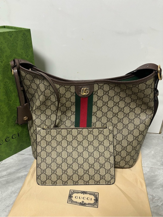 Paolo Gucci Handbags - Gucci Beige GG Canvas Shoulder Bag with Brown Trim and Green-Red Web